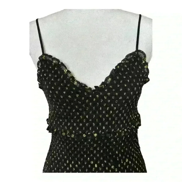 LIKELY Zephra Allover Smocked Black Gold Polka Dot Drop Ruffle Mini Dress 8 - Picture 4 of 10